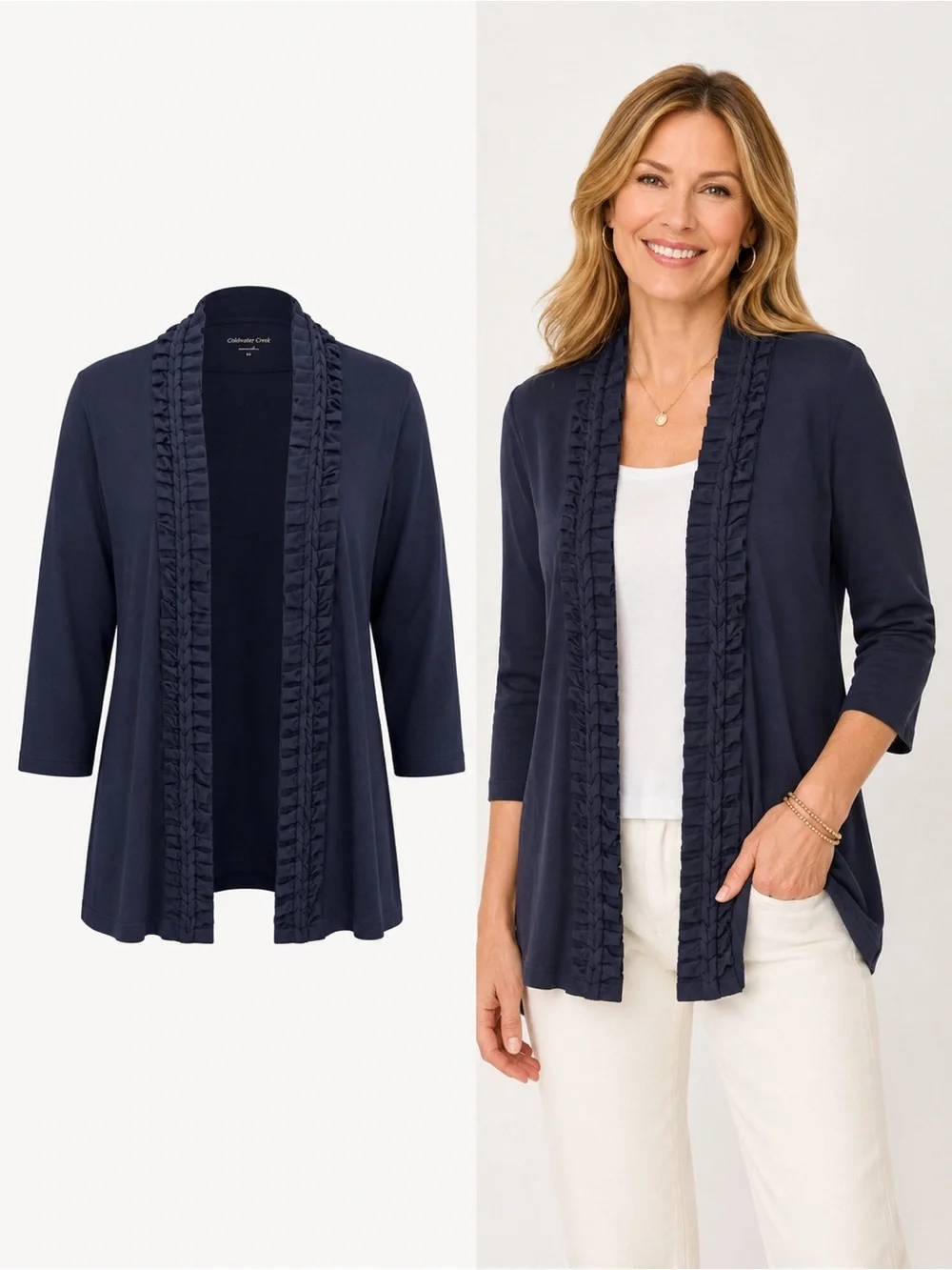 Coldwater Creek | Navy Ruffle Trim Open Front Cardigan | Women's Large 14